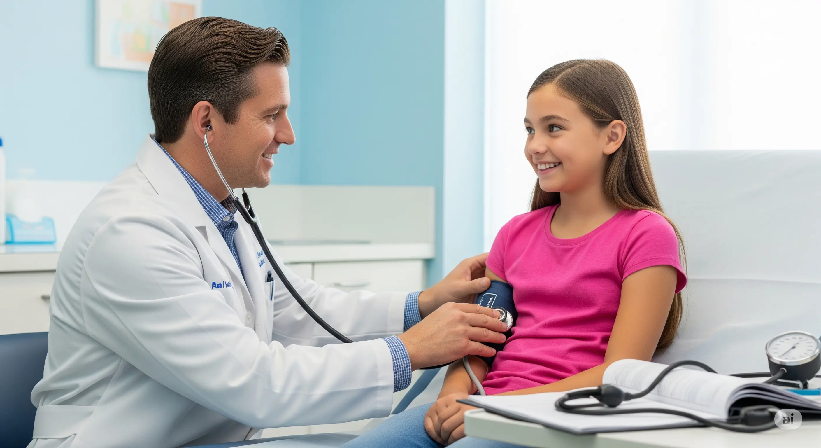 Professional photo of pediatrician conducting a physical examination on a school-age child (8-12 years old) in a bright, modern examination room. Stethoscope, blood pressure cuff, and medical chart visible.