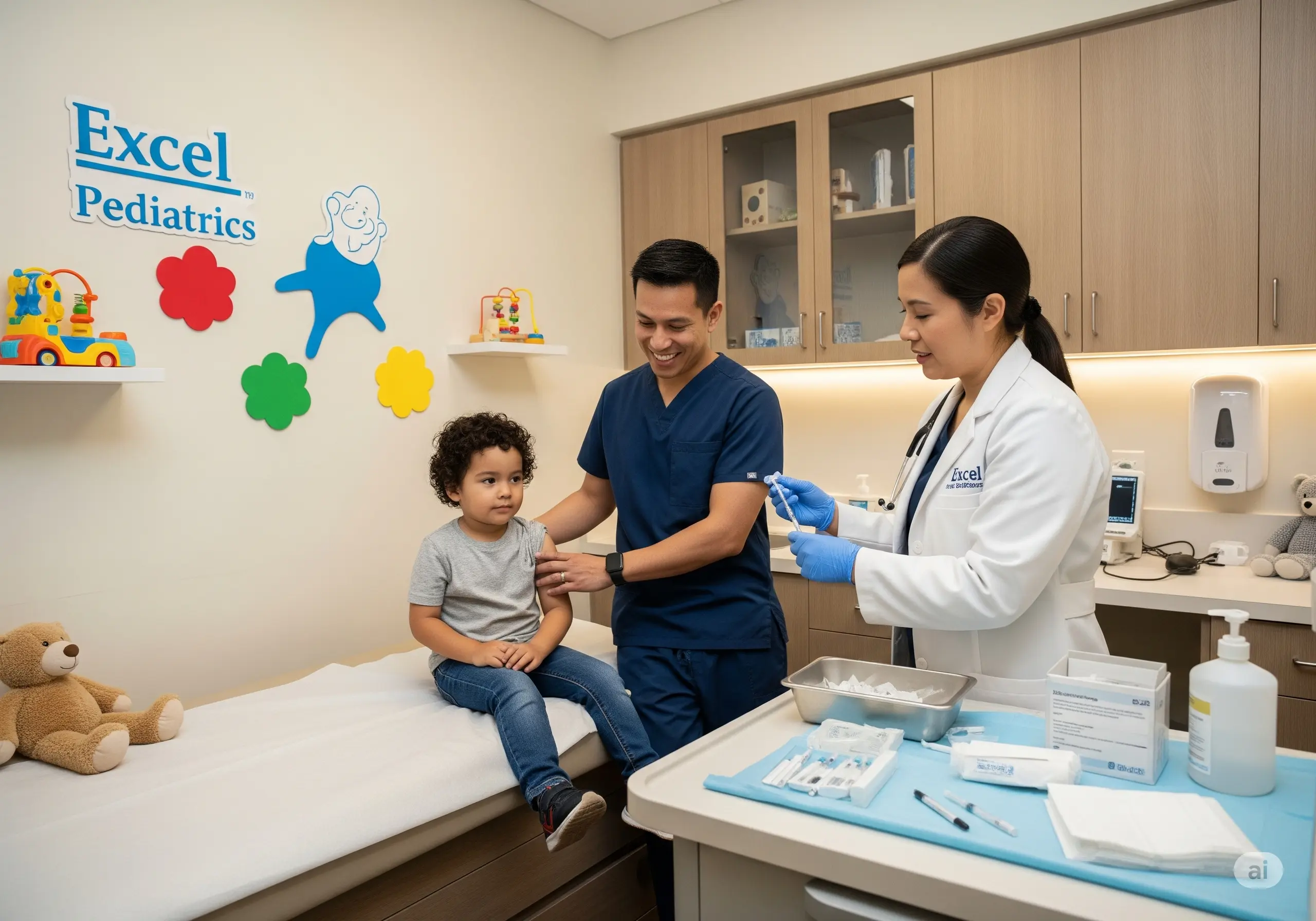 Professional pediatric examination room at Excel Pediatrics showing safe vaccination procedures with sterile medical equipment and child-friendly environment